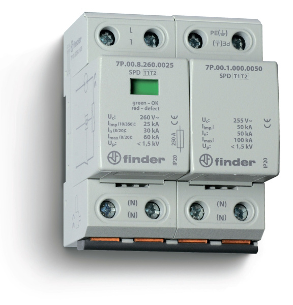Finder Устройство защиты от импульсных перенапряжений УЗИП тип 1+2 (1 варистор/искровый разрядник + 1 искровый разрядник); модульный, ширина 72мм; сте 7P0282601025