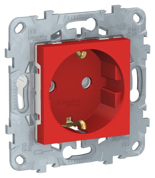 Купить SE Unica New Красная Розетка с/з со шторками, винт. зажим, 16А, 250В NU503703