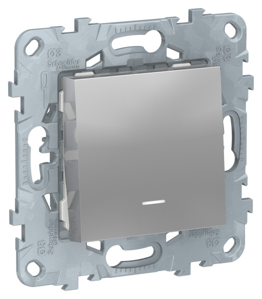 Купить SE Unica New Алюминий Выключатель 1-клавишный, кнопочный, с подсветкой, сх. 1а, 10A NU520630N