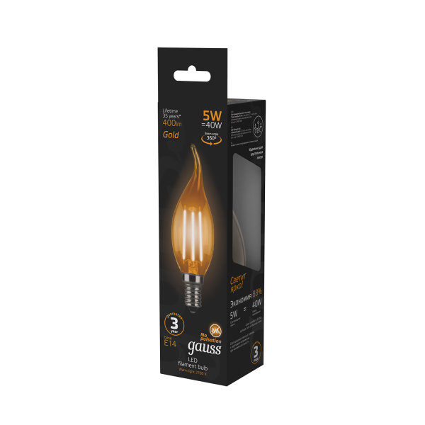 Купить Gauss Лампа Filament Свеча на ветру 5W 400lm 2700К Е14 golden LED 104801005