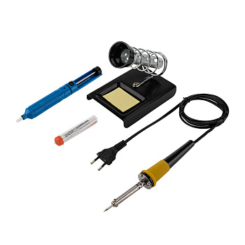 Набор для пайки (паяльник 30 Вт, оловоотсос, подставка, припой) Rexant 12-0163