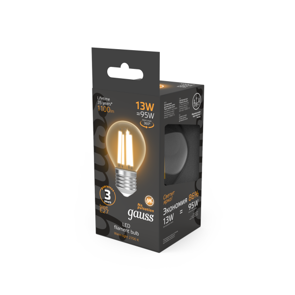 Купить Gauss Лампа Filament Шар 13W 1100lm 2700К Е27 LED 1/10/50 105802113