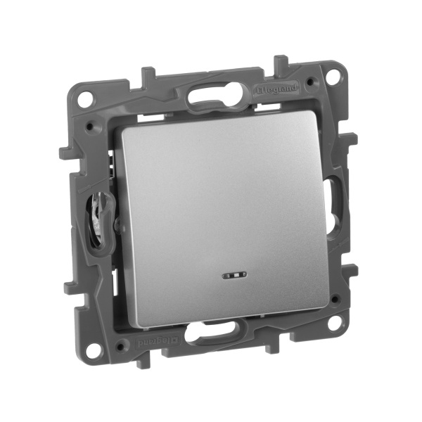 Legrand Etika Алюминий Выключатель 1-клавишный с подсветкой/индикацией, автоматические клеммы, 10 AX, 250 В 672403