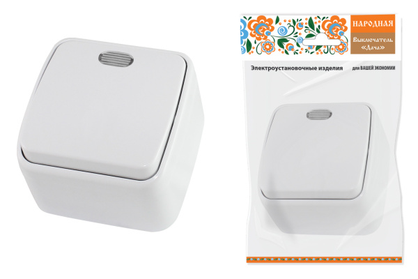 TDM Выключатель 1-кл. открытой установки с подсветкой IP20 10А, белый "Дача" Народная SQ1824-0005