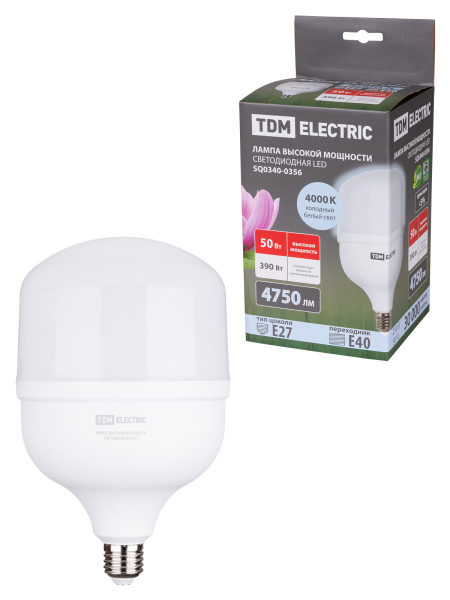 TDM Лампа светодиодная T 50 Вт, 230 В, 4000 К, E27 (140x225 мм) SQ0340-0356