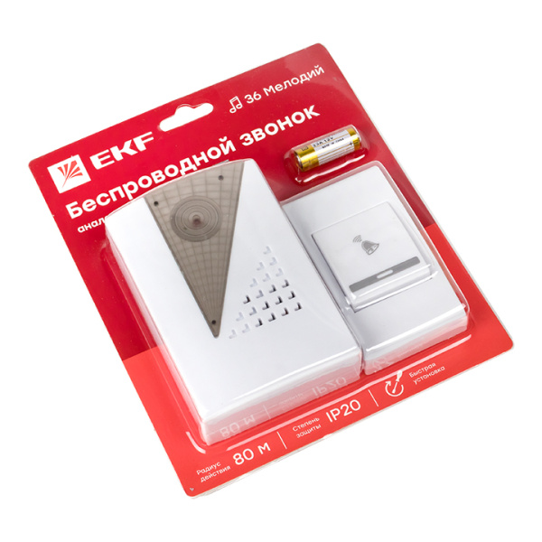 Купить EKF Basic Звонок беспр. на батарейках 004 (бел.-сер. 36 мелод. с индик. 2х1,5В АA дист. 80м.)