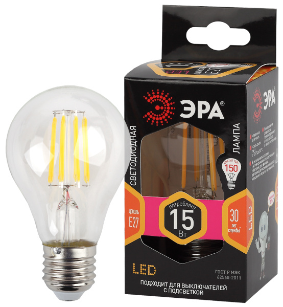 ЭРА F-LED A60-15W-827-E27 (филамент, груша, 15Вт, тепл, Е27)