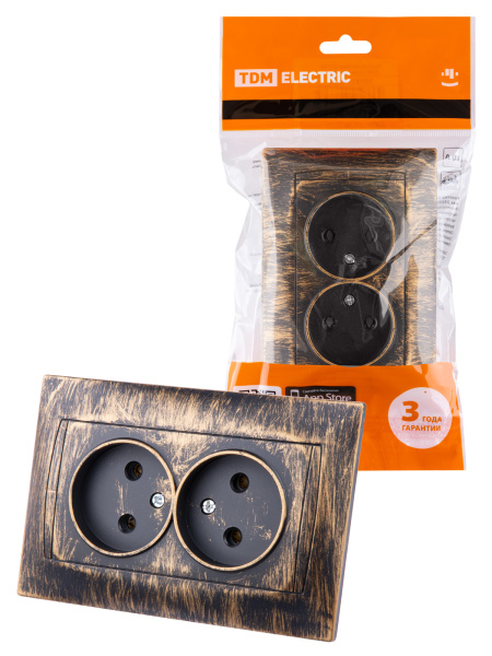 TDM Розетка двойная 2П 10А 250В  старинная бронза "Лама" SQ1815-0765