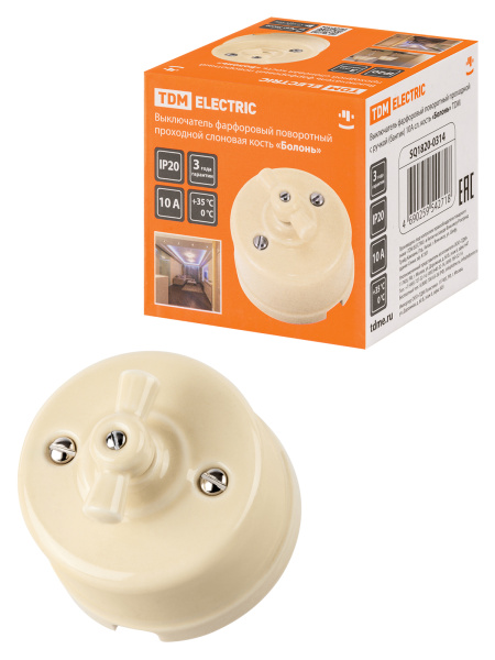 TDM Выключатель фарфоровый поворотный проходной с ручкой (бантик) 10А сл. кость «Болонь» SQ1820-0314