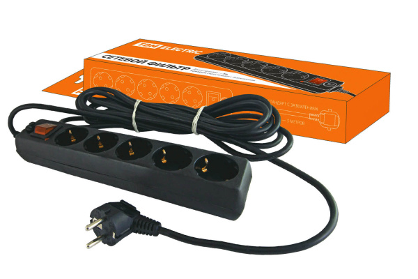 TDM Сетевой фильтр СФ-05В выключатель, 5 гнезд, 5 метров, с заземлением, ПВС 3х1мм2 16А/250В SQ1304-0003