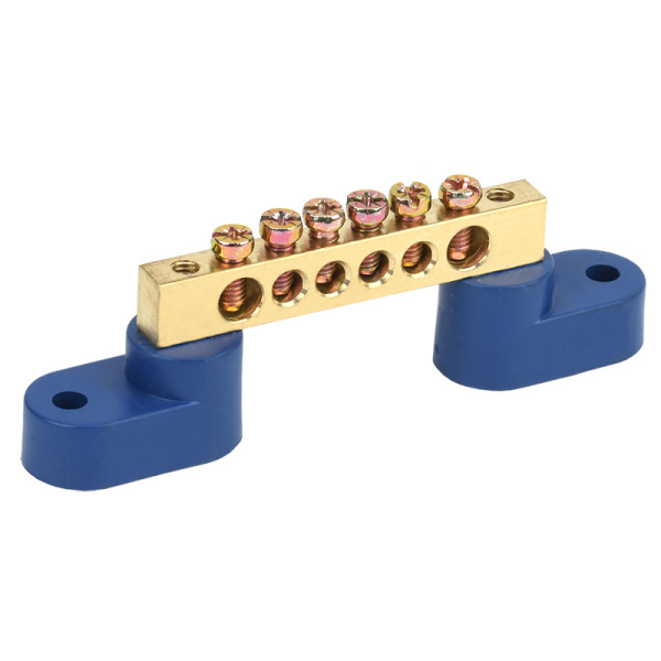 Шина «N» нулевая 6х9 мм на двух угловых синих изоляторах 6 групп Rexant 11-2325