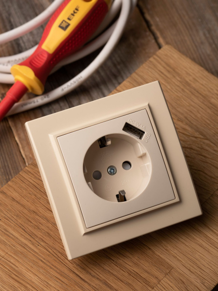 Купить EKF Basic Минск Бежевый Розетка с/з, со шторками, 16А, с USB 1А, СП