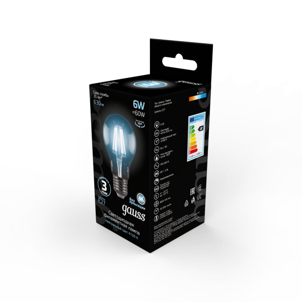 Купить Gauss Лампа Filament А60 6W 630lm 4100К Е27 LED 102802206