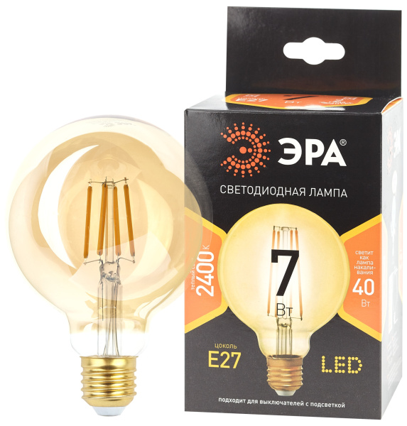 Эра  Лампа светодиодная  F-LED G95-7W-824-E27 gold