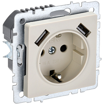 IEK BRITE BASE Бежевый Розетка с з/к/ш 16А с USB A+A 3,1А РЮш10-2-БрКр