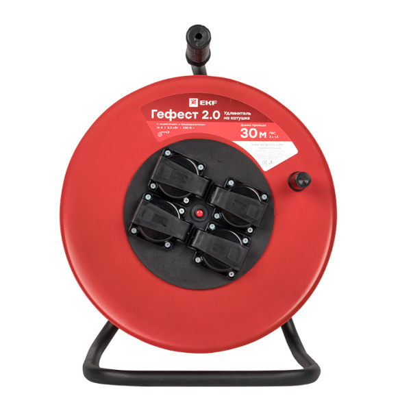 Купить EKF PROxima Удлинитель на катушке "Гефест 2.0" 4 гнезда 30м с заземлением и предохранителем ПВС 3*1,5 16А/3,5кВт IP44