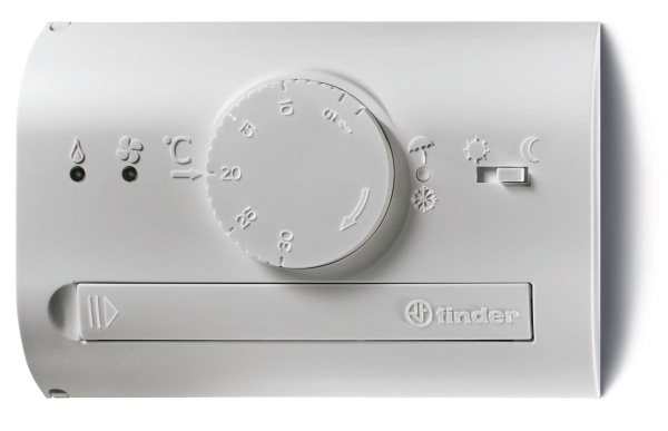 Finder Комнатный термостат; питание 3В DС; 1СО 5А; монтаж на стену; поворотная ручка, переключатель ДЕНЬ/НОЧЬ; дисплей; цвет черный 1T4190032000