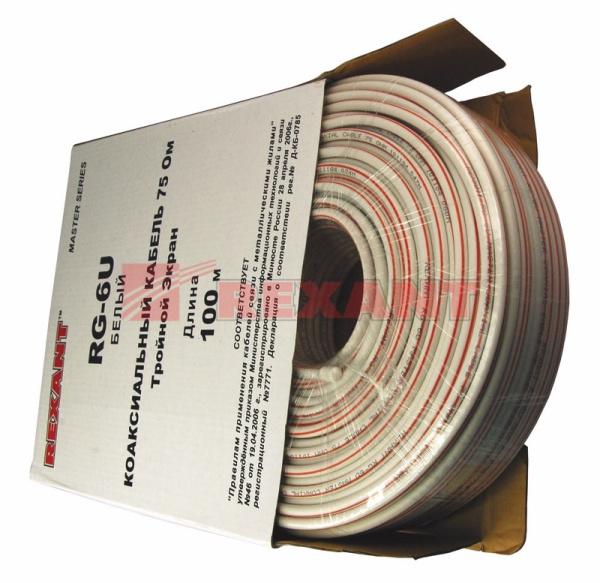 Купить Кабель RG-6U+CU, (75%), 75 Ом, 100м., белый, (тройной экран), "MASTER" Rexant 01-2241