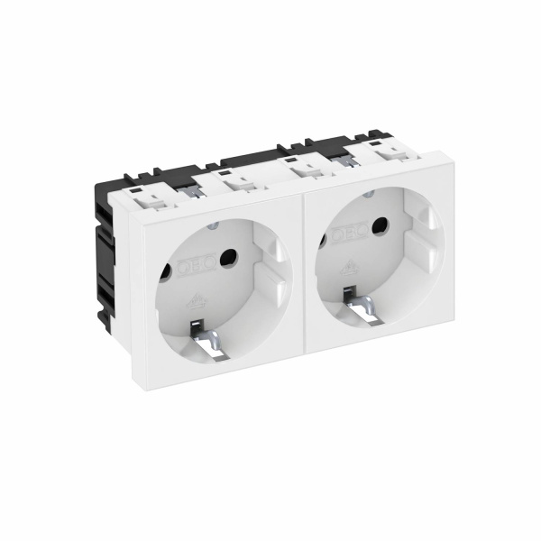 OBO Bettermann Розетка силовая 0° двойная 2х2К+З, 2 модуля Modul45, 45х90 мм, со шторками, 16А 250В белая 6120022