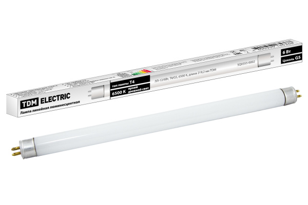 TDM Лампа люминесцентная линейная двухцокольная ЛЛ-12/6Вт, T4/G5, 6500 К, длина 219,2мм SQ0355-0002