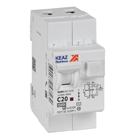 КЭАЗ АВДТ с защитой от сверхтоков OptiDin D63-22C20-AC-У3 (2P, C20, 30mA, 4,5кА)
