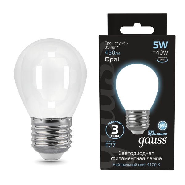 Купить Gauss Лампа Filament Шар 5W 450lm 4100К Е27 milky LED 105202205