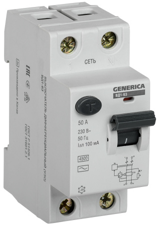 IEK GENERICA   УЗО ВД1-63 2Р 50А 100мА MDV15-2-050-100