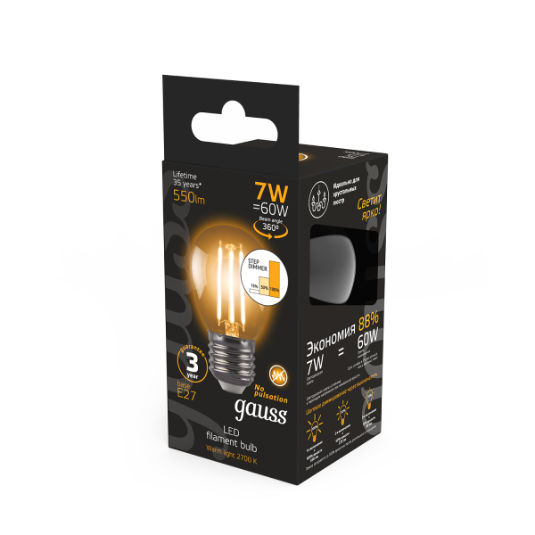 Купить Gauss Лампа Filament Шар 7W 550lm 2700К Е27 шаг. диммирование LED 105802107-S