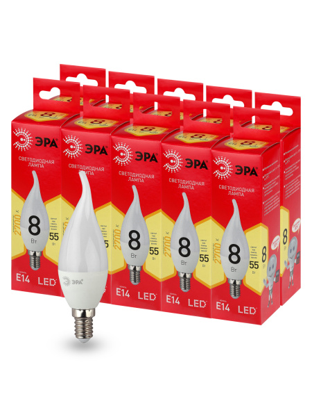 ЭРА LED BXS-8W-827-E14 R (диод, свеча на ветру, 8Вт, тепл, E14) (10/100/2800) Б0051853