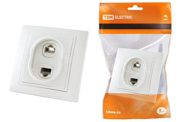 TDM Розетка телефонная RJ11 + компьютерная RJ45 белая "Таймыр" SQ1814-0023