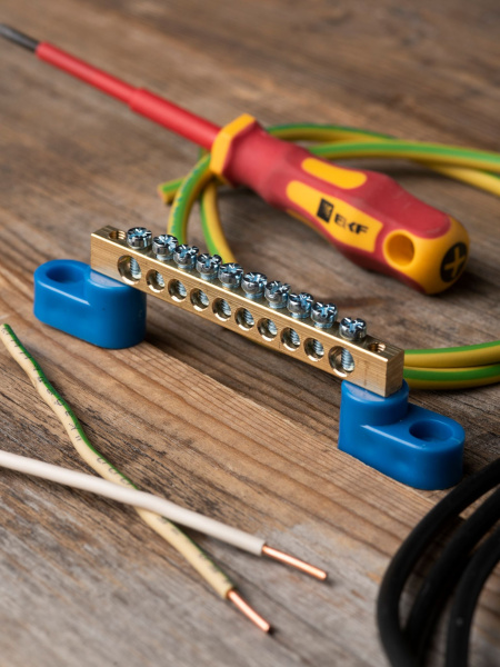 Купить EKF PROxima Шина "0" N (6х9мм) 10 отверстий латунь 2 синих угловых изолятора