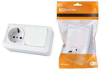 TDM Блок комбинированный выкл. 1-кл. 10А + розетка 2П+З 16А 250В БКВР IP20 белый "Ладога" SQ1801-0101