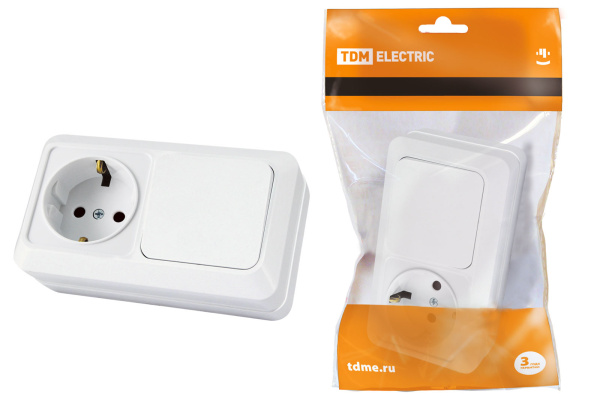 TDM Блок комбинированный выкл. 1-кл. 10А + розетка 2П+З 16А 250В БКВР IP20 белый "Ладога" SQ1801-0101