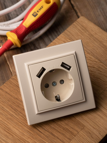 Купить EKF Basic Минск Бежевый Розетка с/з, со шторками, 16А, с 2 USB 2,1А, СП
