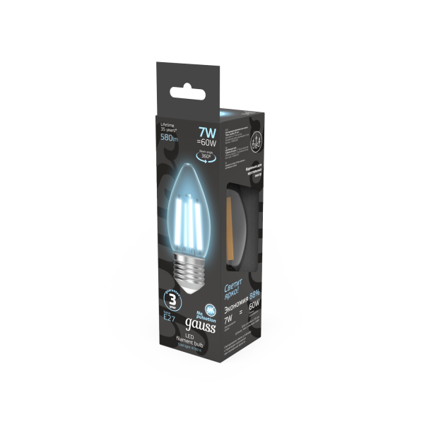 Купить Gauss Лампа Filament Свеча 7W 580lm 4100К Е27 LED 1/10/50 103802207