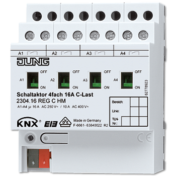 JUNG KNX Актор 4-х канальный 220V AC 12-24V DC 16 A возм ручн упр DIN-рейка 2304.16REGCHM