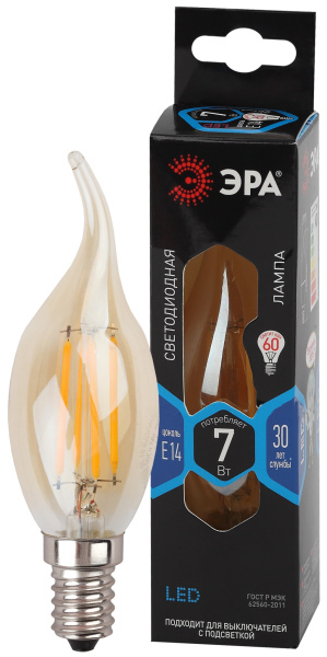 ЭРА F-LED BXS-7W-840-E14 gold (филамент, свеча на ветру золот, 7Вт, нетр, E14