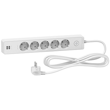SE Unica Extend Бел Удлинитель 5 розеток 2К+З, кабель 3м, 2 USB ST945U3W