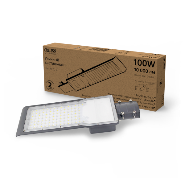 Gauss Светильник уличный Avenue 100W 10000lm 3000K 190-250V IP65 420*160*57мм черн КСС "Ш" LED 1/10 629534100 Купить Gauss Светильник уличный Avenue 100W 10000lm 3000K 190-250V IP65 420*160*57мм черн КСС "Ш" LED 1/10 629534100