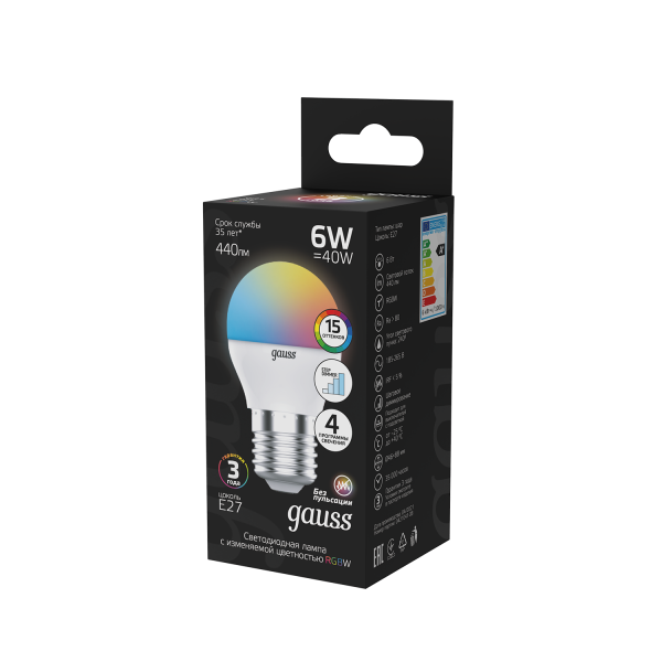 Купить Gauss Лампа Шар G45 6W E27 RGBW димирование LED 1/100 105102406
