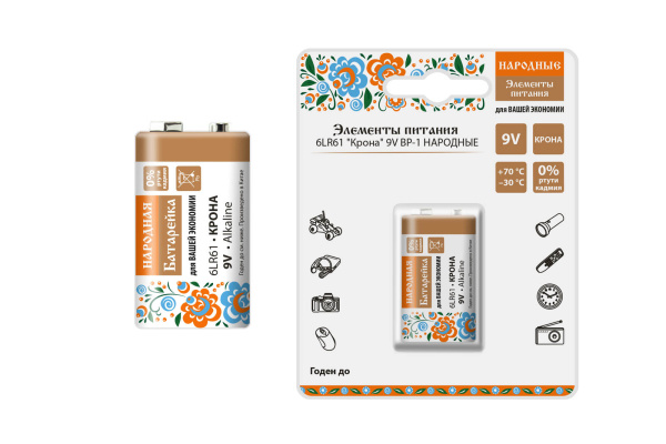 TDM Элемент питания 6LR61 "Крона" 9V BP-1 Народный SQ1702-0016