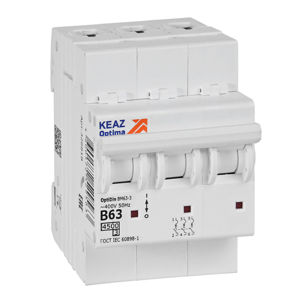 КЭАЗ OptiDin BM63 Автоматический выключатель 3P 63А B 4,5кА AC (BM63-3B63-4,5-УХЛ3) 329525