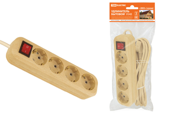 TDM Удлинитель бытовой  У04В выключатель, 4 гнезда, 3метра,2П+3, ПВС 3х1мм2 "Эко" (сосна) 16А/250В SQ1303-2111