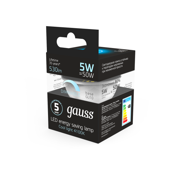 Купить Gauss Лампа MR16 5W 530lm 4100K GU10 диммируемая LED 101506205-D