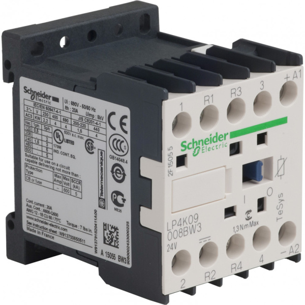 SE Contactors K Контактор 4P(2НО+ 2НЗ), AC1.20A, 24VDC 1.8 Вт,расш.диапазон LP4K09008BW3