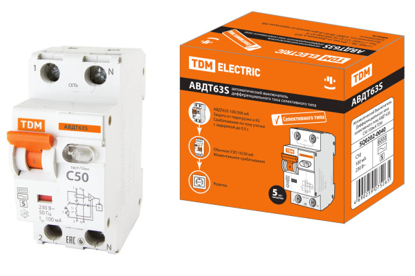 TDM АВДТ 63S 2P(1P+N) C50 100мА 6кА тип АС SQ0202-0040