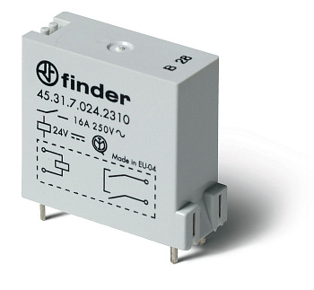 Finder Низкопрофильное миниатюрное электромеханическое реле; монтаж на печатную плату; выводы с шагом 3.5мм; 1NO 16A; контакты AgNi; катушка 24В DС (ч 453170240310