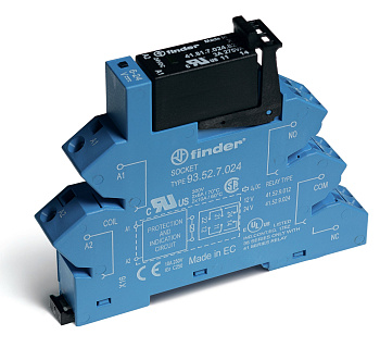 Finder Интерфейсный модуль (сборка 41.81.7.024.9024 + 93.52.7.024), твердотельное реле; выход 5A (24В DС); питание 24В DC; категория защиты IP20; безв 384170249024