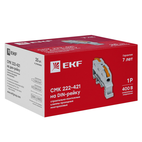 Купить EKF PROxima Строительно-монтажная клемма СМК 222-421 на DIN-рейку проходная 1 полюс 0,08-4мм2 (25шт.)