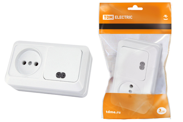 TDM Блок комбинированный выкл. 1-кл. с/п 10А + розетка 2П 10А 250В БКВР IP20 белый "Ладога" SQ1801-0107